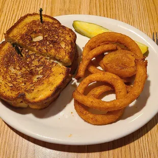 Plate with Patty Melt, yummy onion rings and pickle!