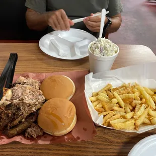 a plate of french fries and a pulled pork sandwich