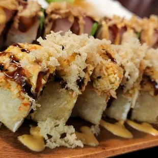 a close up of a plate of sushi
