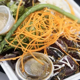 Let's Eat Ahi Katsu with mixed greens and asparagus and Hapa rice (white and brown rice) $12.00 *4/24/2020