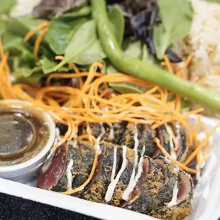 Ahi Katsu plate with garlicky fried hapa rice &amp; mixed greens $12.00 *4/24/2020