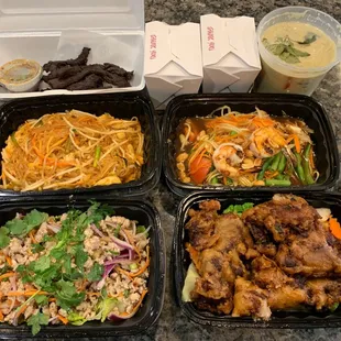 Thai Beef Jerky, Green Curry, Pad Thai, Som Tum with Shrimp (Papaya Salad), Laab Chicken Salad, Crispy Duck with Tamarind Sauce