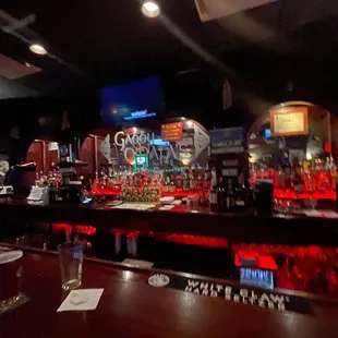 a bar with red lights