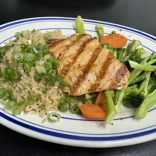 Grilled salmon, rice and veggies - super good. 4.24.24