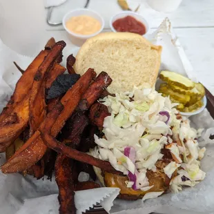 October special...bbq burger with coleslaw . And sweet potato fries