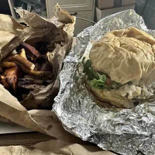 Gabby burger and 1/2 natural cut fries and 1/2 sweet potato fries.