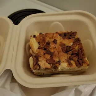 Bread pudding, sweet and dense.