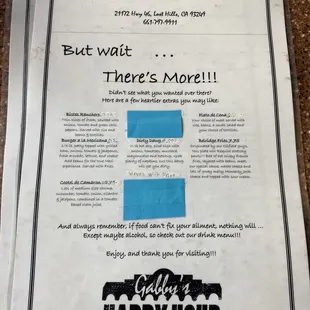 Menu, back side.