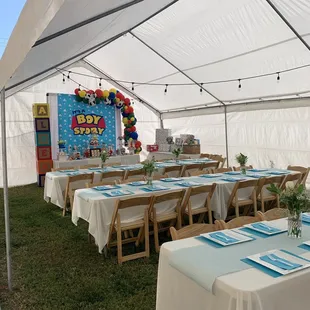 Tent with three walls and lights.