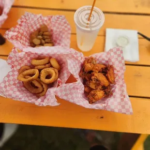 three baskets of fried food