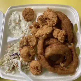 12 piece shrimp with cole slaw and onion rings.