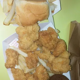 15 catfish bites with fries and a roll unsweet tea and a budan ball don't know if I spelt that one right.