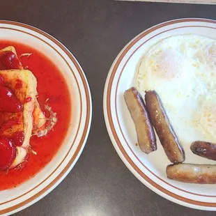 Strawberry French Toast with eggs over eat &amp; sausage links...    ...