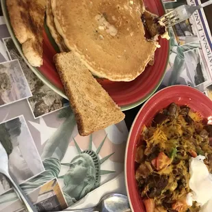 Blueberry pancakes and Chorizo Skillet. So great!