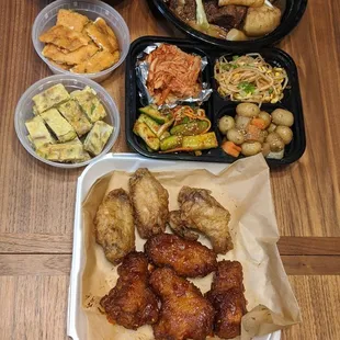 Galbijjim, Gyeranjjim, plentiful sides, Korean plain fried chicken and sauce, and also rice.  I forgot to include in the picture.