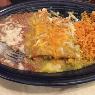 Chicken Enchiladas, Refried Beans &amp; Rice