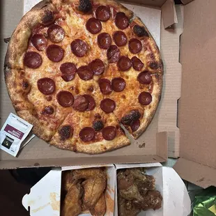Halal Medium Pepperoni Pizza 6 Piece Buffalo Wings  6 Piece Lemon Pepper Wings