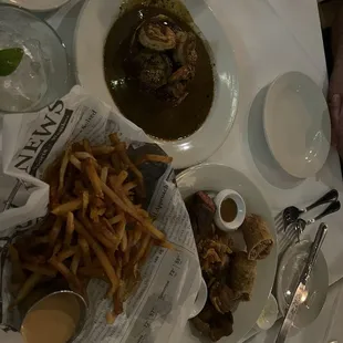 Shrimp bbq pie, Cajun Asian, duck fat fries