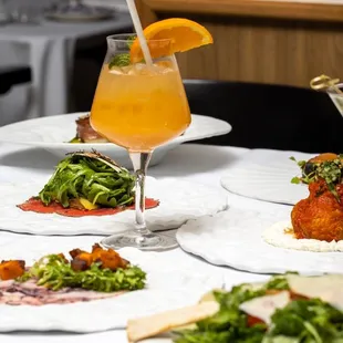 a table of food and drinks