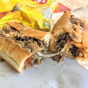 Cheese steak with mushrooms, red pepper and provolone.