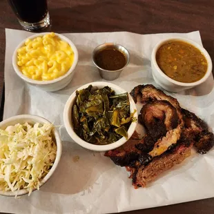 Brisket plate with slaw, Mac and cheese, greens and gumbo.