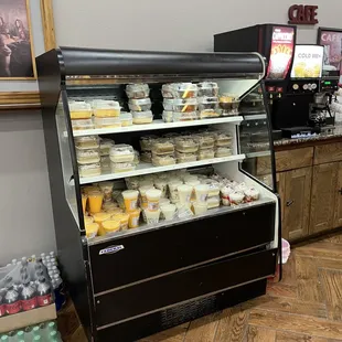 a display case of food