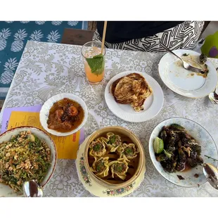 Chinese Sausage &amp; Shrimp Siu-Mai, Fried Brussels Sprouts,  Roti Paratha,