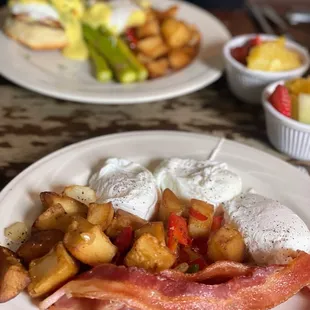 Traditional breakfast with poached eggs instead of scramble (comes with fruit cup)