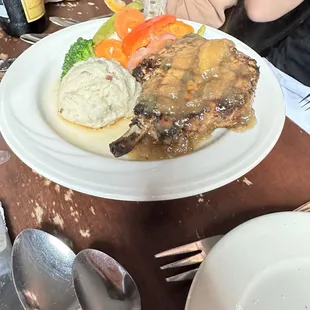 Pork chop with mash potatoes and veggies- great meal