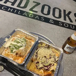 Enchiladas: 2 styles. Each plate we mix n&apos; matched the meat options. Topped to our desire