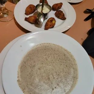 Fried artichokes and truffle mushroom soup