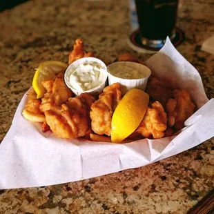 a basket of fish and chips