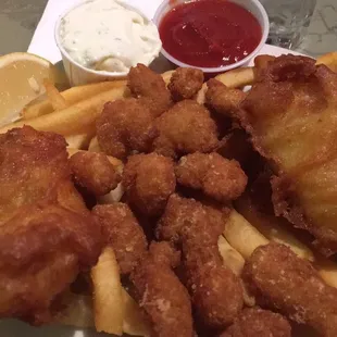 Fish and popcorn shrimp.