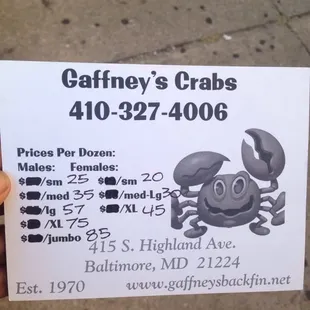 Prices for crabs cooked to order