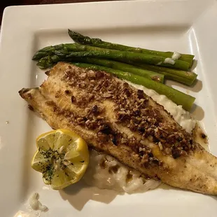 Pecan crusted rainbow trout over a bed of risotto and asparagus.