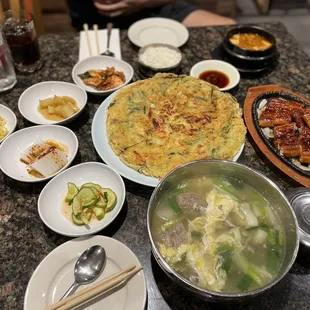 F1. Eel Gui and Doenjang Jigae,  A10. Seafood Pajun, and H1. Galbi Tang