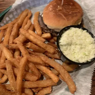 Bleu Cheese Burger with fries and slaw