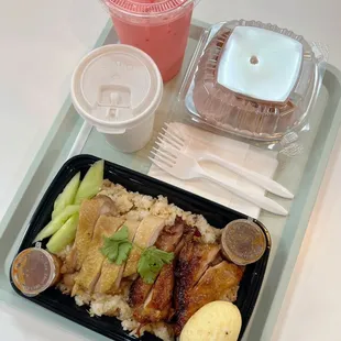 Mixed Steamed and Roasted Chicken with Ginger Garlic Rice, Pink Milk, and Crispy Spring Rolls