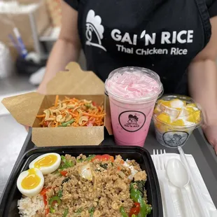 Thai carrot salad, Iced Pink Milk, Mango with Sticky Rice, and Ga Pao Gai (basil chicken)