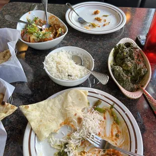 We ordered too much - but soooo good! Paneer Saag, Chicken Chili, Garlic Naan and more