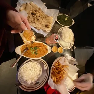 Tofu masala, saag paneer, naan, fries