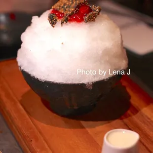 Sesame Yuzu Kakigori (GF) ($11) - black sesame ice cream, yuzu syrup, strawberry compote, honey sesame brittle, snowcap. Good. Pretty sweet,