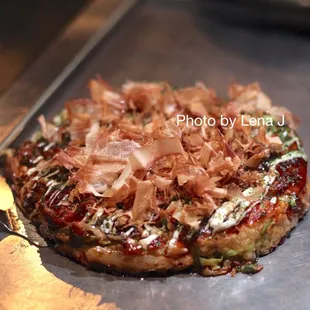 Chicken Osaka-Style Okonomiyaki ($19) - Amish chicken confit, bonito. Way too salty, hard to eat