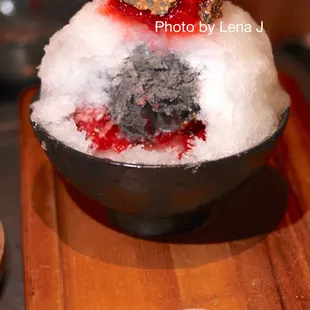 Sesame Yuzu Kakigori (GF) ($11) - black sesame ice cream, yuzu syrup, strawberry compote, honey sesame brittle, snowcap. Good. Pretty sweet,