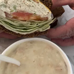 Chicken salad club w clam chowder, Fridays soup. $10 huge potions!