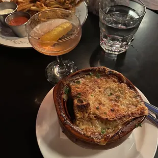 Frites (in back) and French onion soup (front)