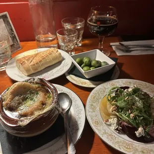 French Onion, Beet Salad, Baguette, Olives