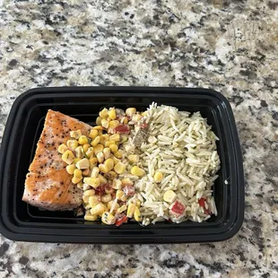 Salmon, elote corn salsa, cilantro lime basmati rice