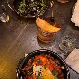 shishito peppers, old rose cocktail, beef bibimbap