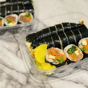 Beef bulgogi (left) and kimchi gimbap (right)